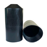 Image of two black plastc end caps, one standing, the other on it's side with a white backgroud