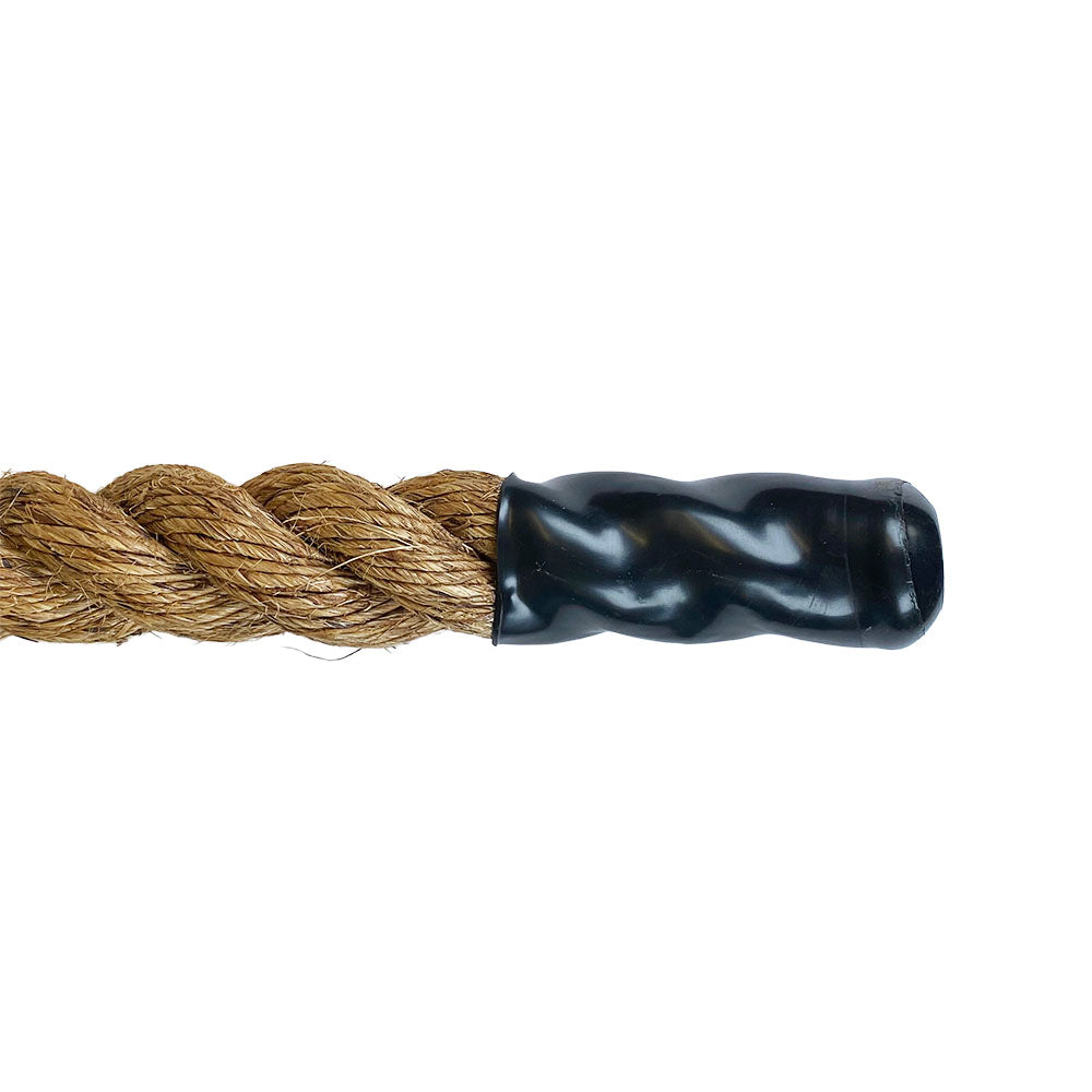 Image of a heat set black plastic end cap on a 40mm manila rope with a white background