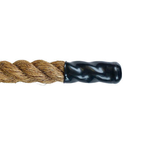 Image of a heat set black plastic end cap on a 40mm manila rope with a white background
