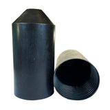 Image of two black plastc end caps, one standing, the other on it's side with a white backgroud