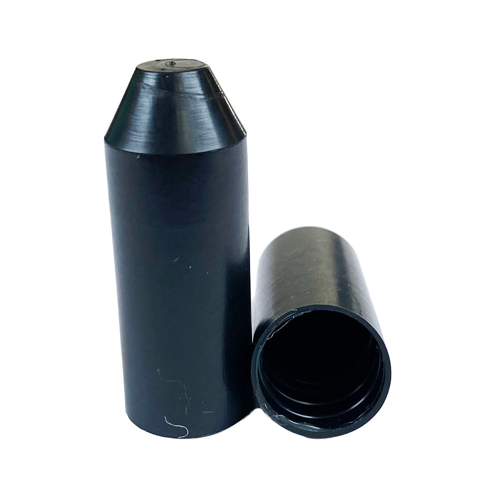 Image of two black plastc end caps, one standing, the other on it's side with a white backgroud