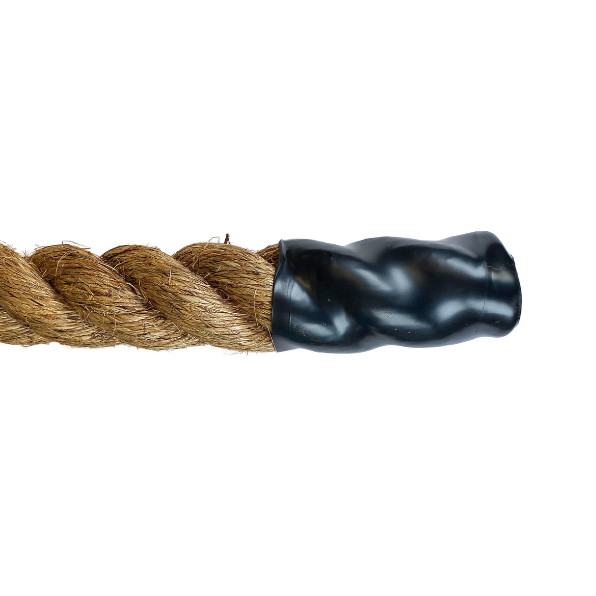 Image of a heat set black plastic end cap on a 60mm manila rope with a white background