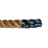 Image of a heat set black plastic end cap on a 60mm manila rope with a white background