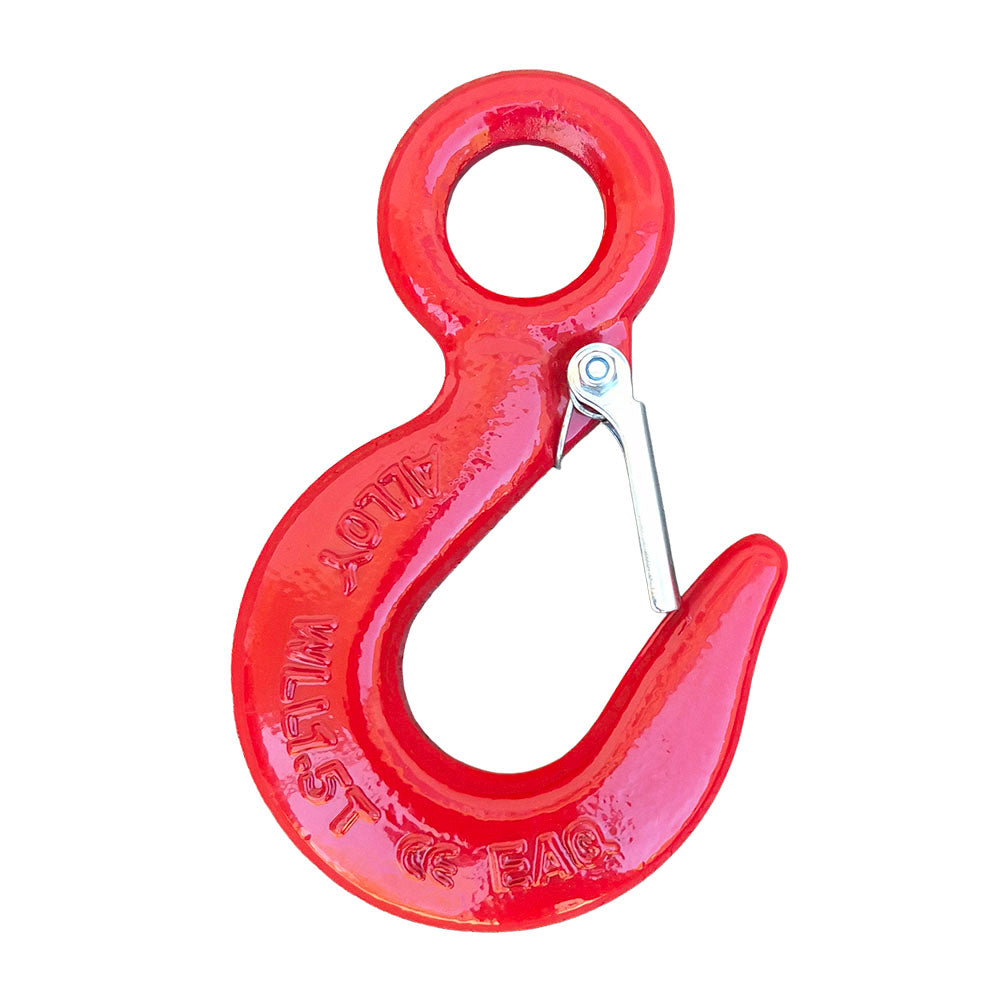 Red metal hook with a spring clip on a white background
