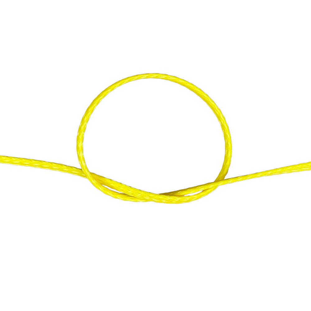 Close-up of a 3mm yellow braided polyethylene cord in a knot on a white background