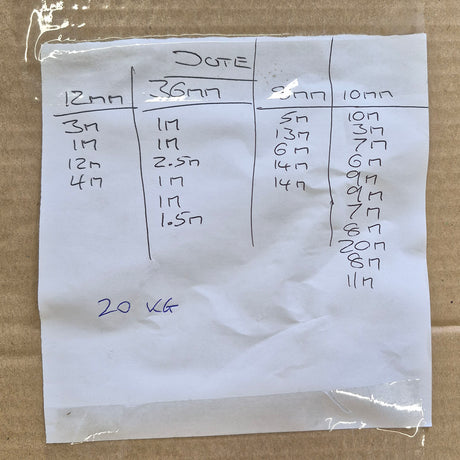 A handwritten size and weight chart on a piece of white paper, taped to a brown cardboard background. The chart lists measurements in millimeters (12mm, 36mm, 8mm, 10mm) with dates and weights in kg.