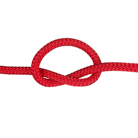 Close-up of 10mm Red Kingbraid rope in a knot with a white background