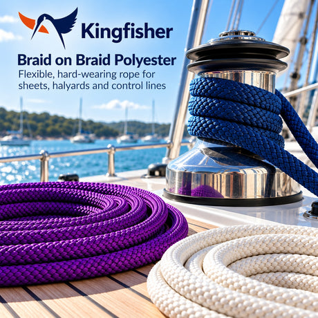 Three coiled ropes in purple, blue, and white displayed on a boat deck with a winch and ocean background. The image includes the Kingfisher brand logo and text in the top left reading 'Kingfisher Braid on Braid Polyester Flexible, hard-wearing rope for sheets, halyards and control lines.