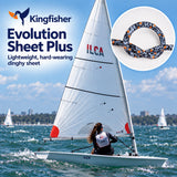 Kingfisher Evolution Sheet Plus lightweight dinghy sheet shown on a sailboat on the water, with a circular inset showing the braided sheet material and promotional text on a blue sky and water background.