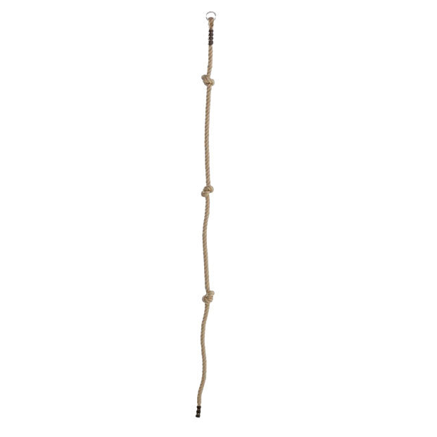 Image of a beige coloured knotted climbing rope with a metal ring at the top