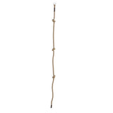 Image of a beige coloured knotted climbing rope with a metal ring at the top