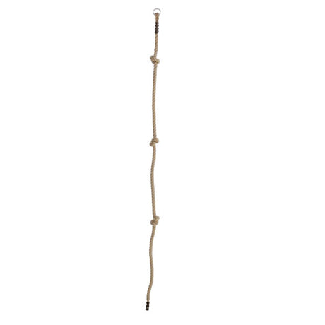 Image of a beige coloured knotted climbing rope with a metal ring at the top