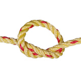 Yellow and red rope with a knot on a white background