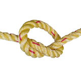 Yellow rope with red accents tied in a knot on a white background
