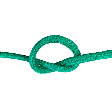 Close-up of 6mm green magcians cord in a knot with a white background