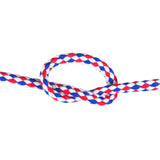 Close-up of 6mm red, white and blue magcians cord in a knot with a white background