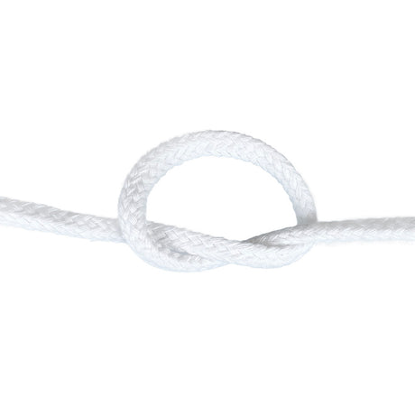 Close-up of 6mm white magcians cord in a knot with a white background