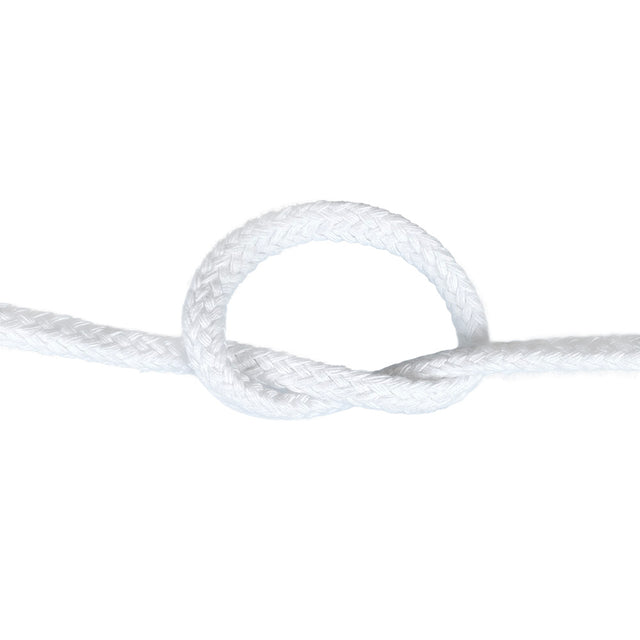 Close-up of 6mm white magcians cord in a knot with a white background