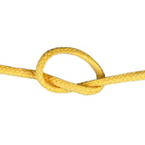 Close-up of 6mm yellow magcians cord in a knot with a white background