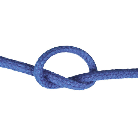 Close-up of 12mm blue magcians cord in a knot with a white background