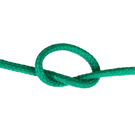 Close-up of 12mm green magcians cord in a knot with a white background