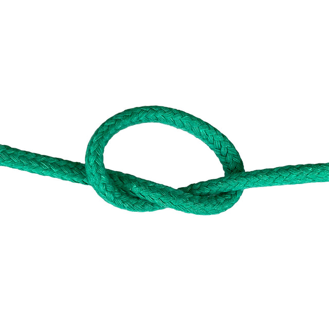 Close-up of 12mm green magcians cord in a knot with a white background