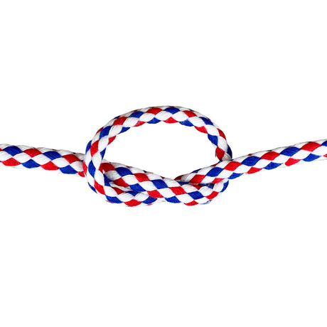 Close-up of 12mm red, white and blue magcians cord in a knot with a white background