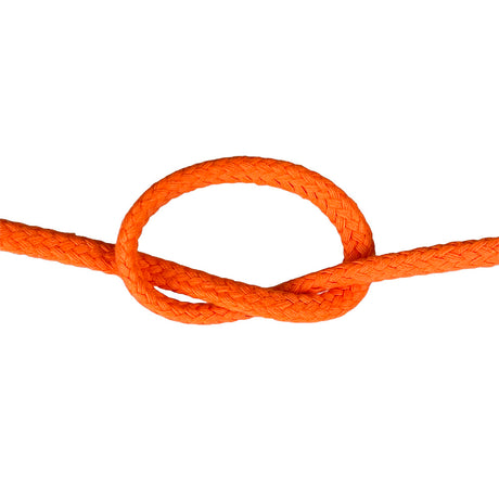 Close-up of 12mm orange magcians cord in a knot with a white background
