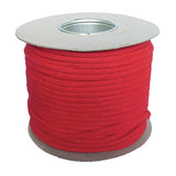 Spool of 6mm red magicians cord on a cardboard reel with a white background