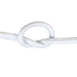 Close-up of 12mm white magcians cord in a knot with a white background