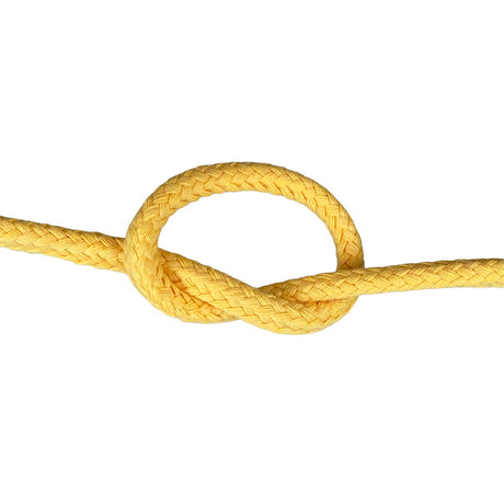 Close-up of 12mm yellow magcians cord in a knot with a white background