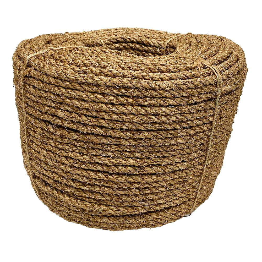 Coil of brown 10mm manila rope on a white background