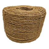 Coil of brown 10mm manila rope on a white background