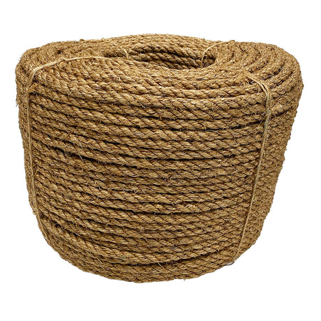 Coil of brown 10mm manila rope on a white background