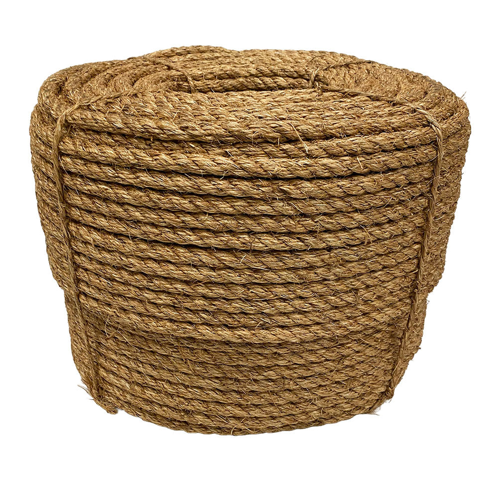 Coil of brown 12mm manila rope on a white background