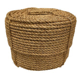Coil of brown 12mm manila rope on a white background