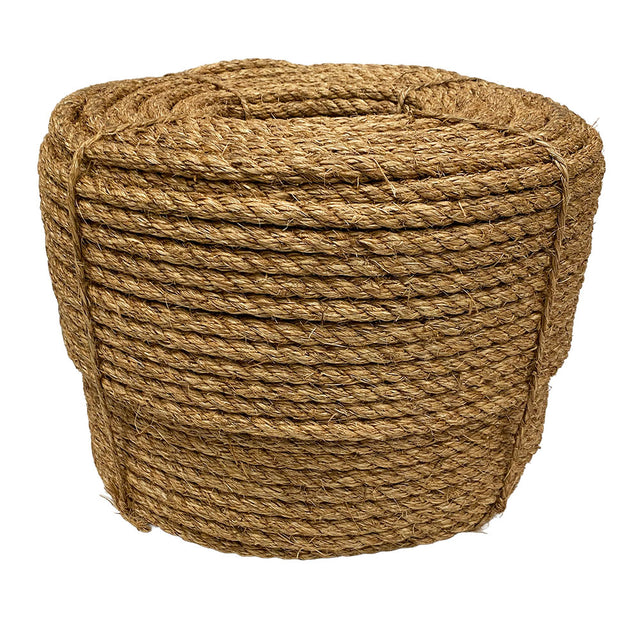 Coil of brown 12mm manila rope on a white background