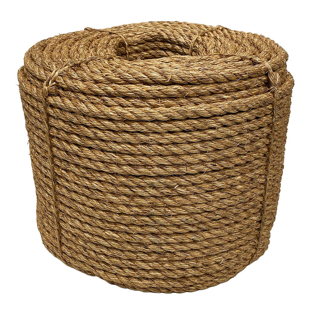 Coil of brown 14mm manila rope on a white background