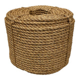 Coil of brown 14mm manila rope on a white background