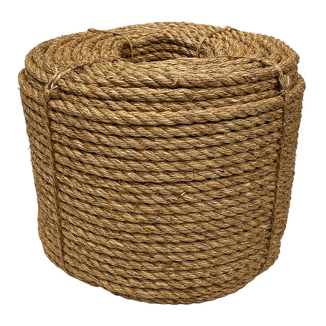 Coil of brown 14mm manila rope on a white background