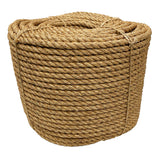 Coil of brown 16mm manila rope on a white background