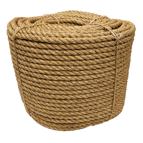Coil of brown 16mm manila rope on a white background