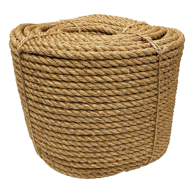 Coil of brown 16mm manila rope on a white background