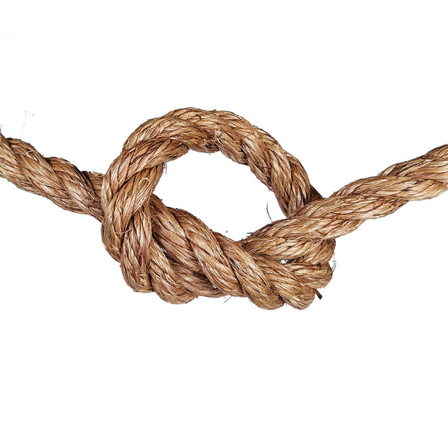 Close-up of a knotted piece of brown rope on a white background