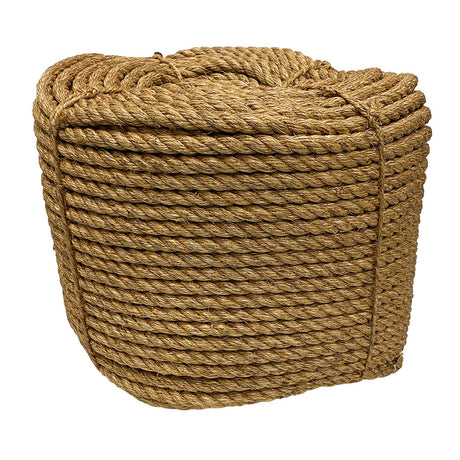 Coil of brown 18mm manila rope on a white background