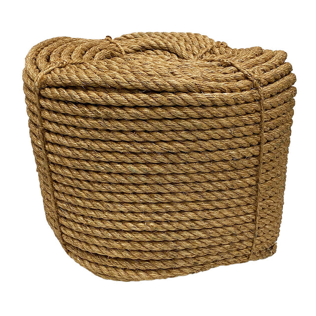 Coil of brown 18mm manila rope on a white background