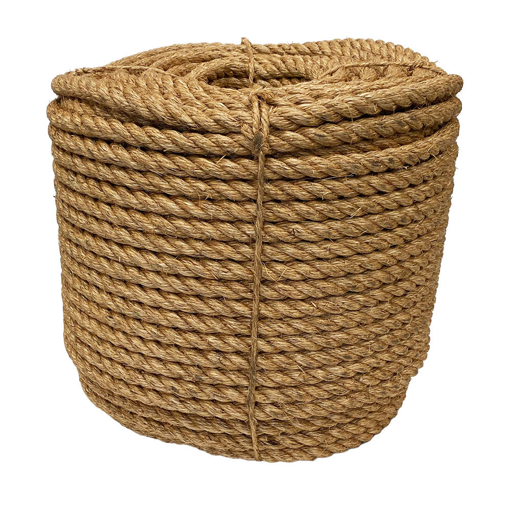 Coil of brown 20mm manila rope on a white background