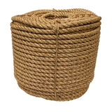 Coil of brown 20mm manila rope on a white background