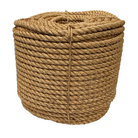 Coil of brown 20mm manila rope on a white background