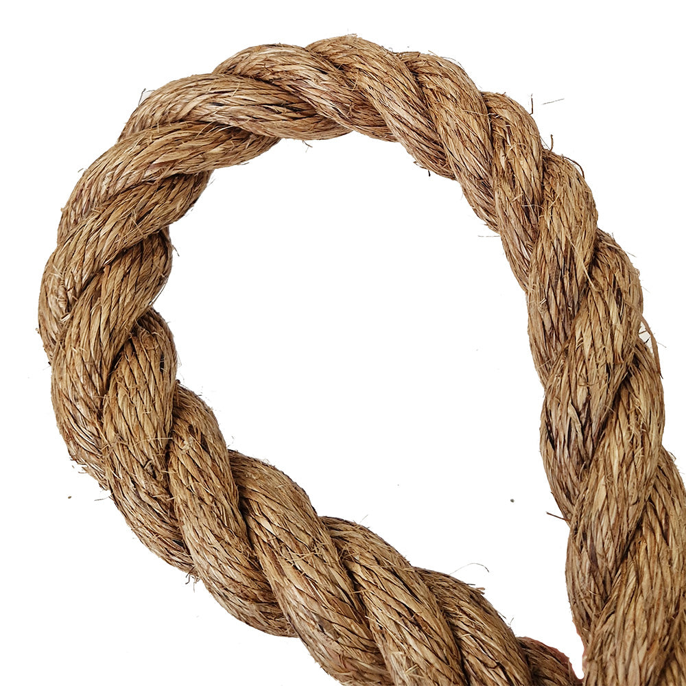 Close-up of a loop of brown rope on a white background